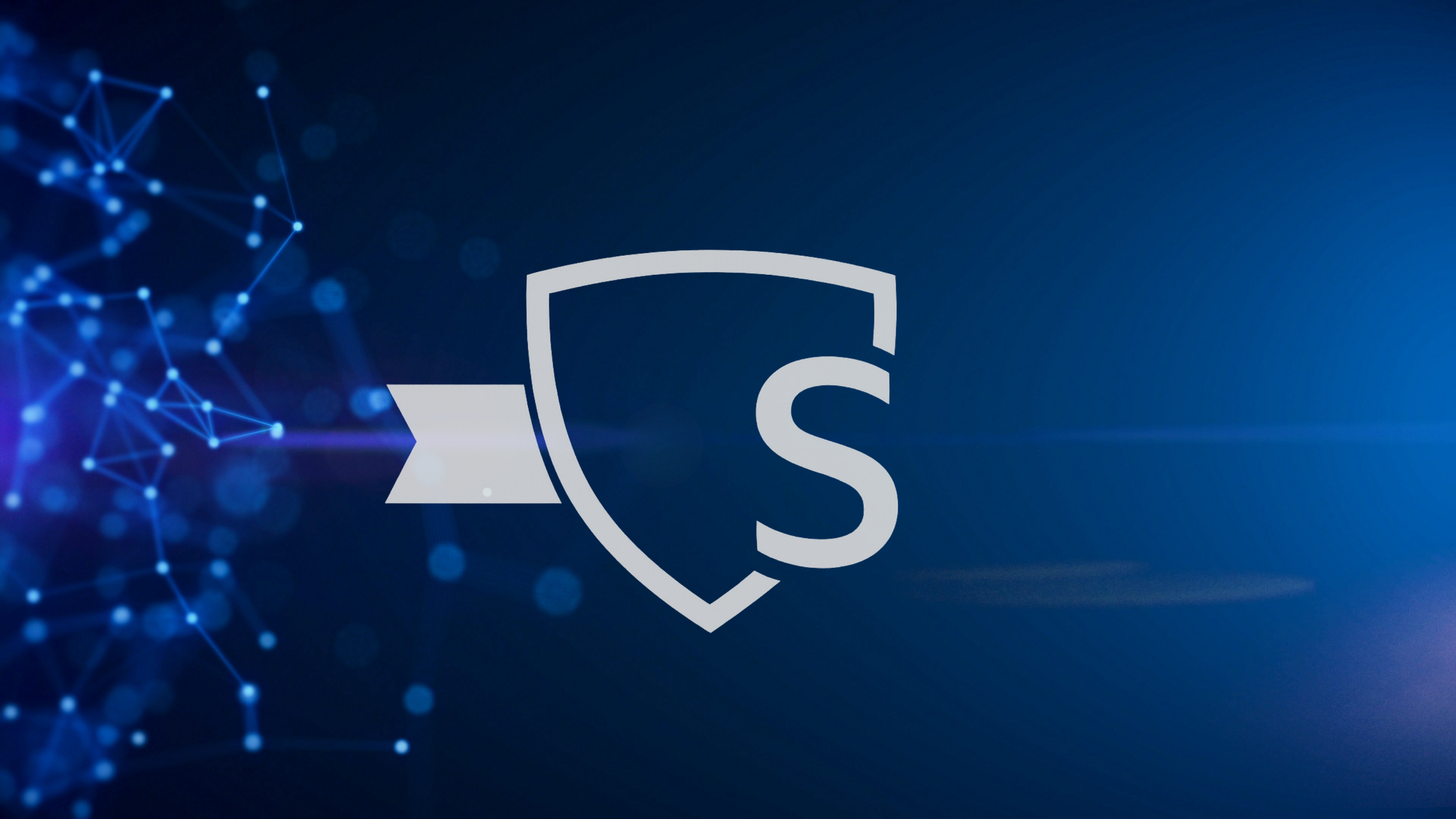 A digital graphic featuring a shield with the letter S inside, set against a blue background with a network of interconnected dots and lines on the left side.