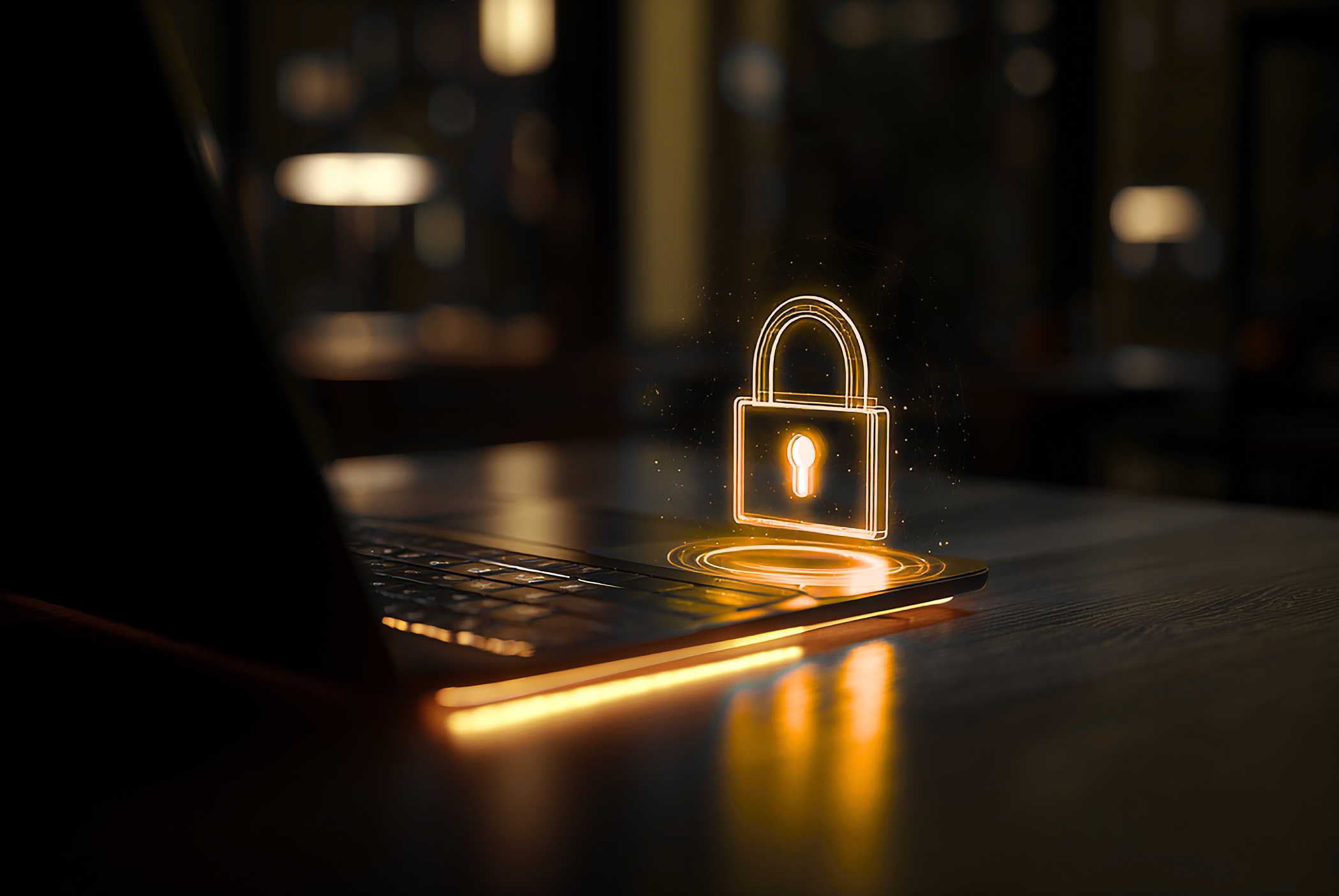 Digital illustration of a glowing lock icon floating above a laptop keyboard in a dark room.