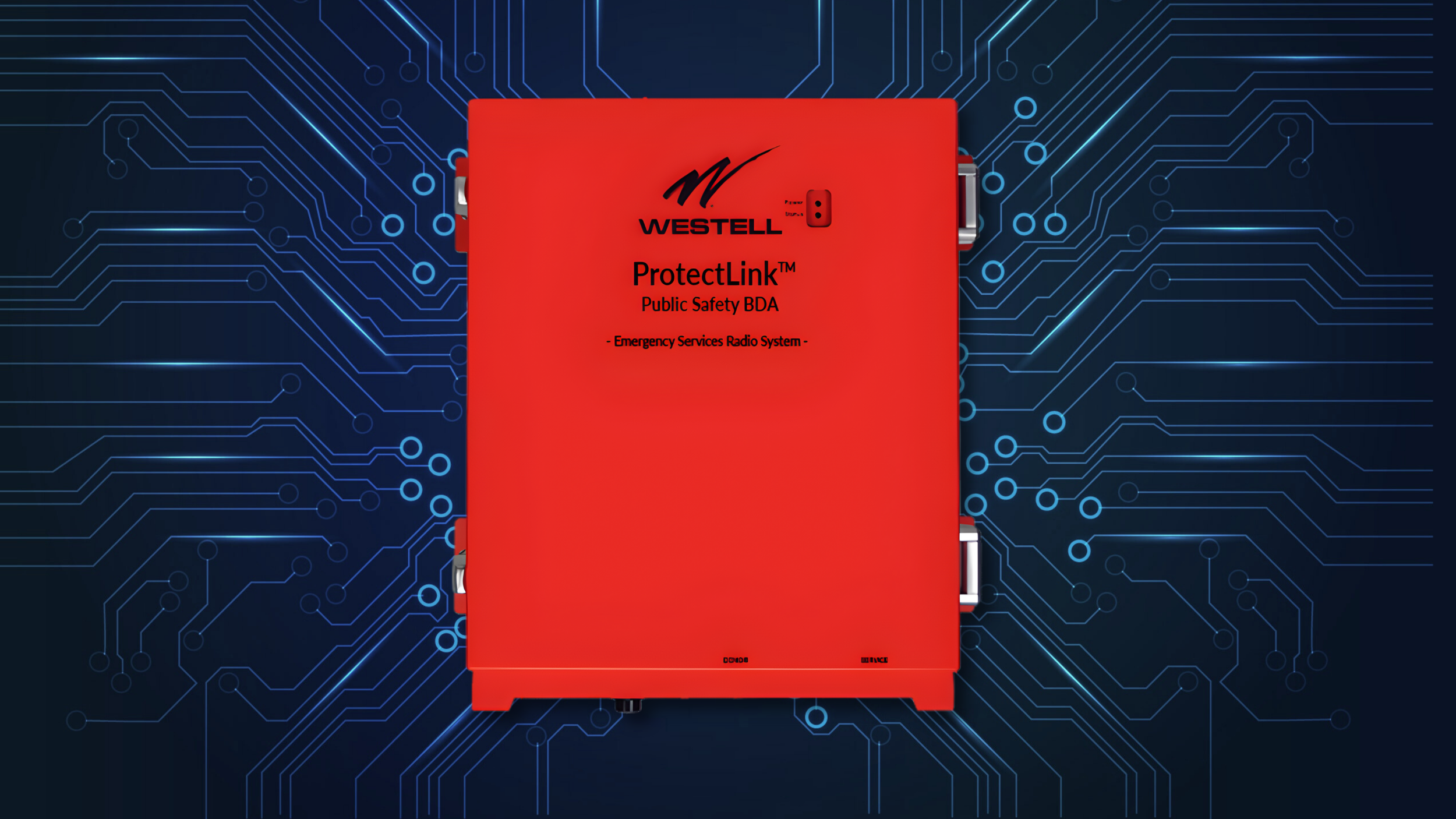 A red emergency services radio system labeled 'ProtectLink' by Westell, set against a digital circuit background.