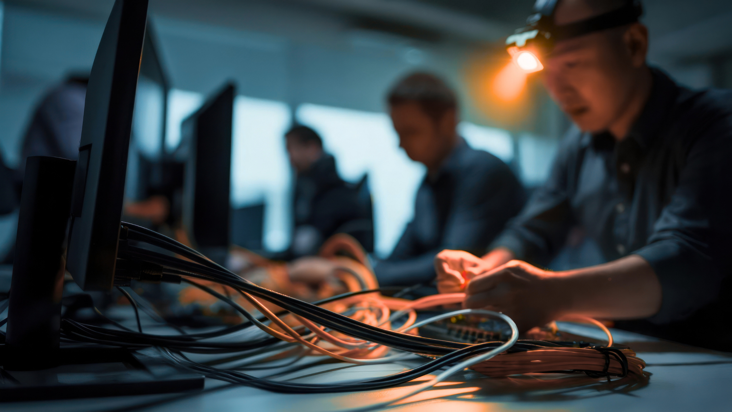 People working at computers with cables and wires, with one person wearing a headlamp, in a dimly lit room.