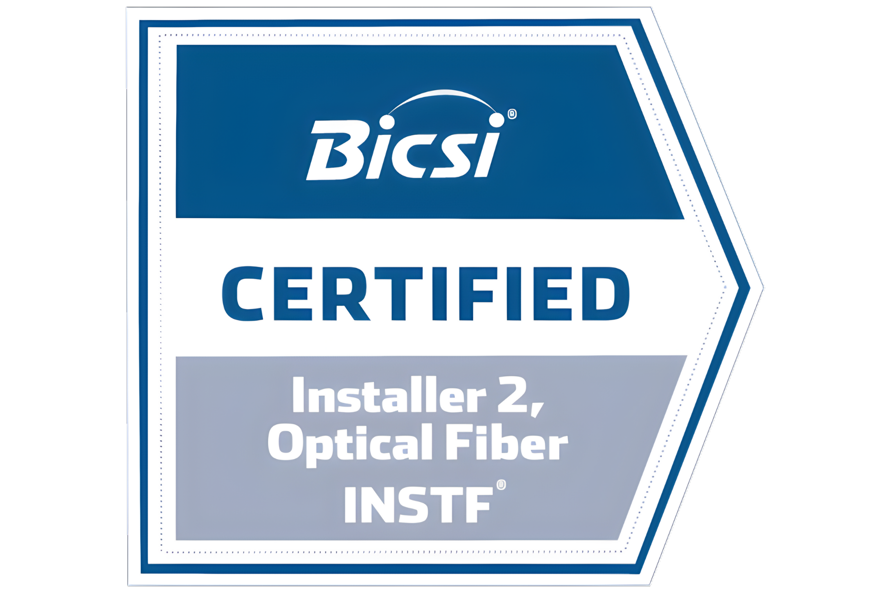 A certification badge for Bicsi, indicating the holder is a certified Installer 2 for Optical Fiber (INSTRF).