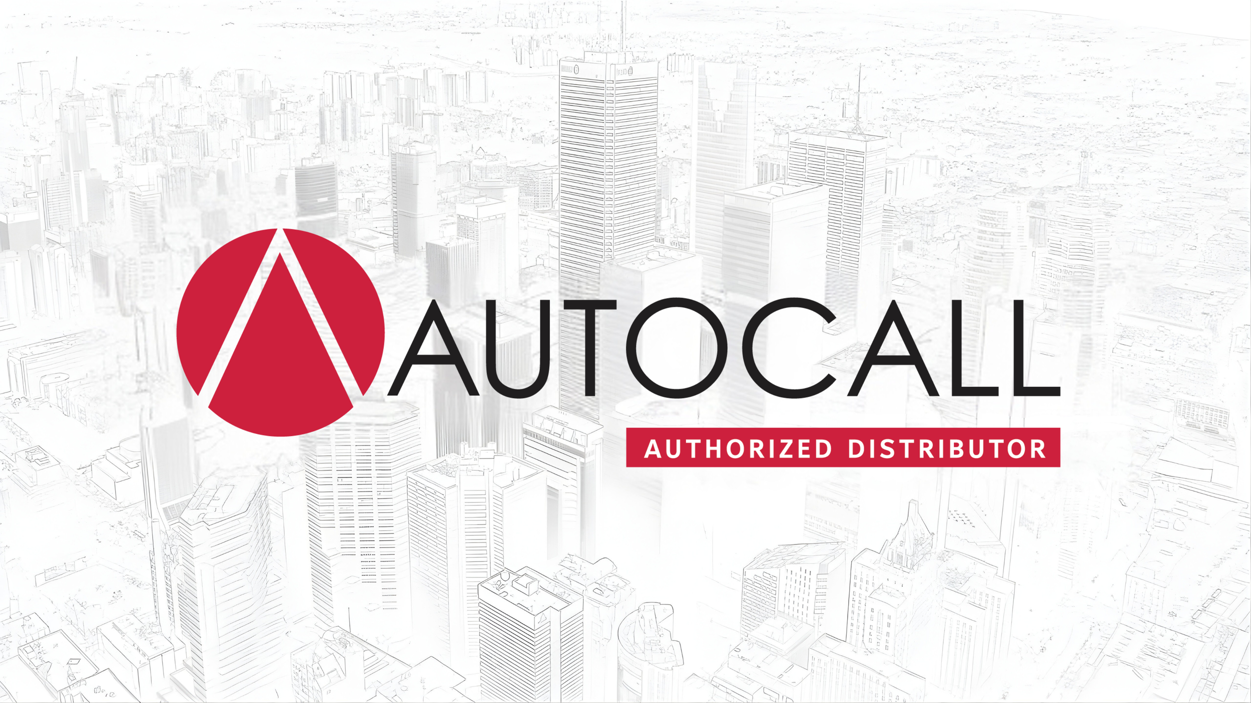 Logo of AutoCall, an authorized distributor, over a cityscape background in light shades.