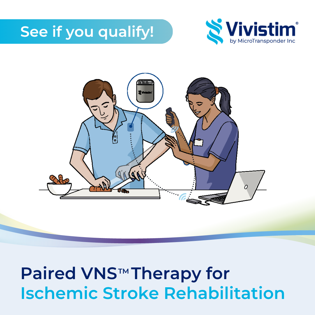 Illustration of a person receiving VNS therapy for ischemic stroke rehabilitation, with a healthcare professional attaching a device to the person's arm and a laptop nearby.
