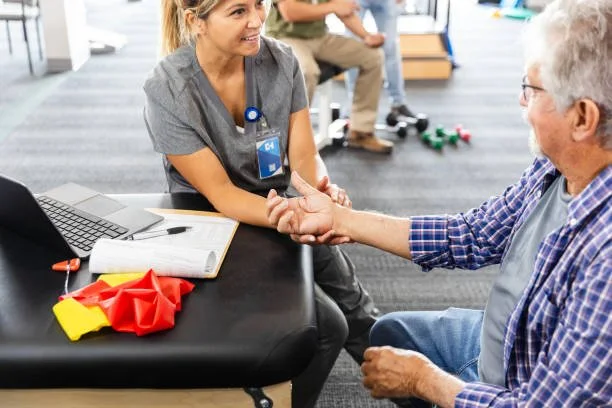 A healthcare professional and an older man shake hands in a physical therapy or rehabilitation setting. The professional is smiling, and there are therapy equipment and a laptop on the table.