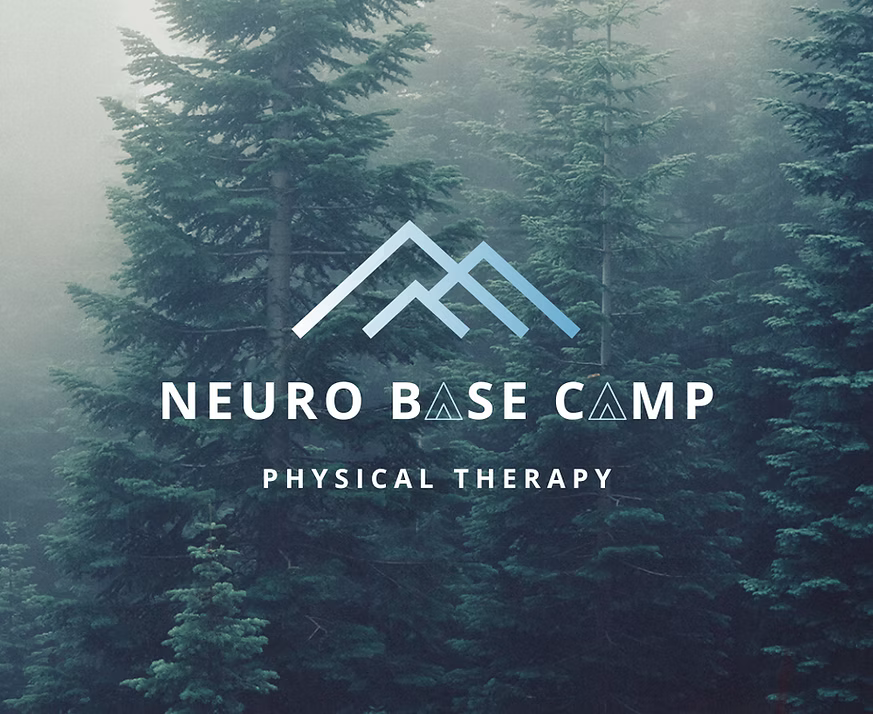Logo for Neuro Base Camp with stylized mountain peaks over a forest background, together with text reading 'Neuro Base Camp' and 'Physical Therapy'.