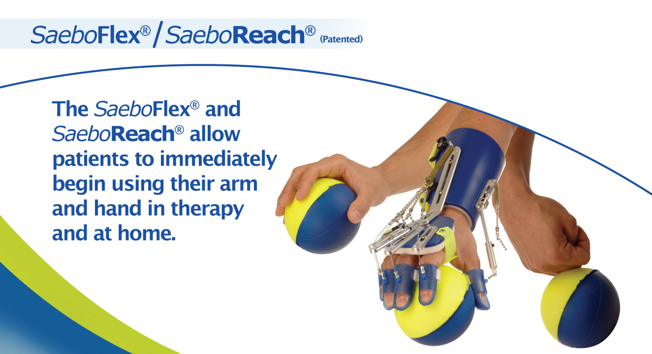 A person's hand wearing a finger and hand therapist device holding a yellow and blue tennis ball, with another tennis ball in their other hand, demonstrating a therapy tool for hand rehabilitation.