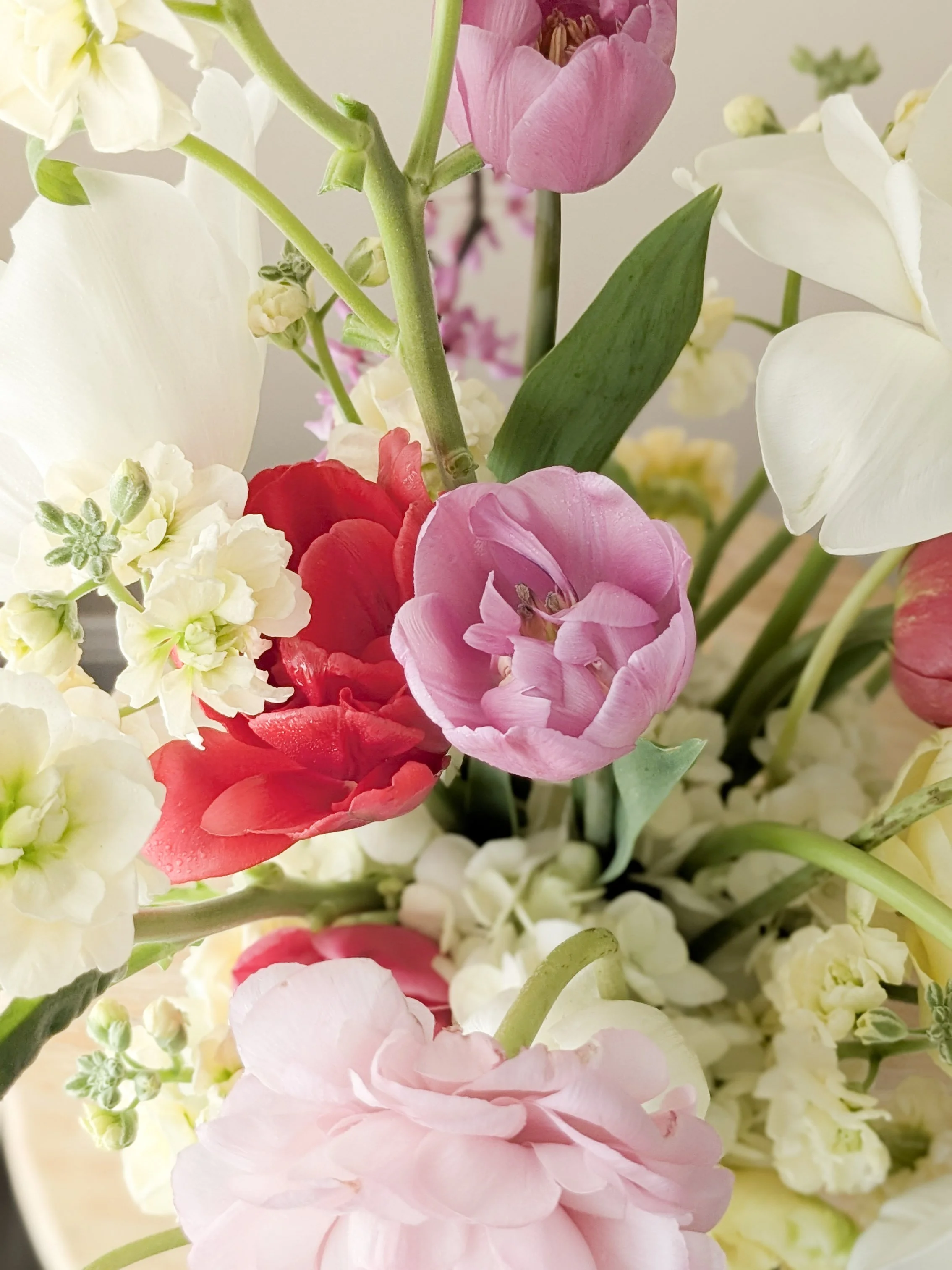 Close-up of a colorful bouquet of flowers including pink, red, and white blooms with green leaves.