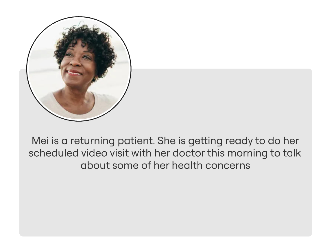 Profile picture of an older African American woman with short curly hair smiling, next to a text box explaining she is a returning patient preparing for a video appointment with her doctor about health concerns.