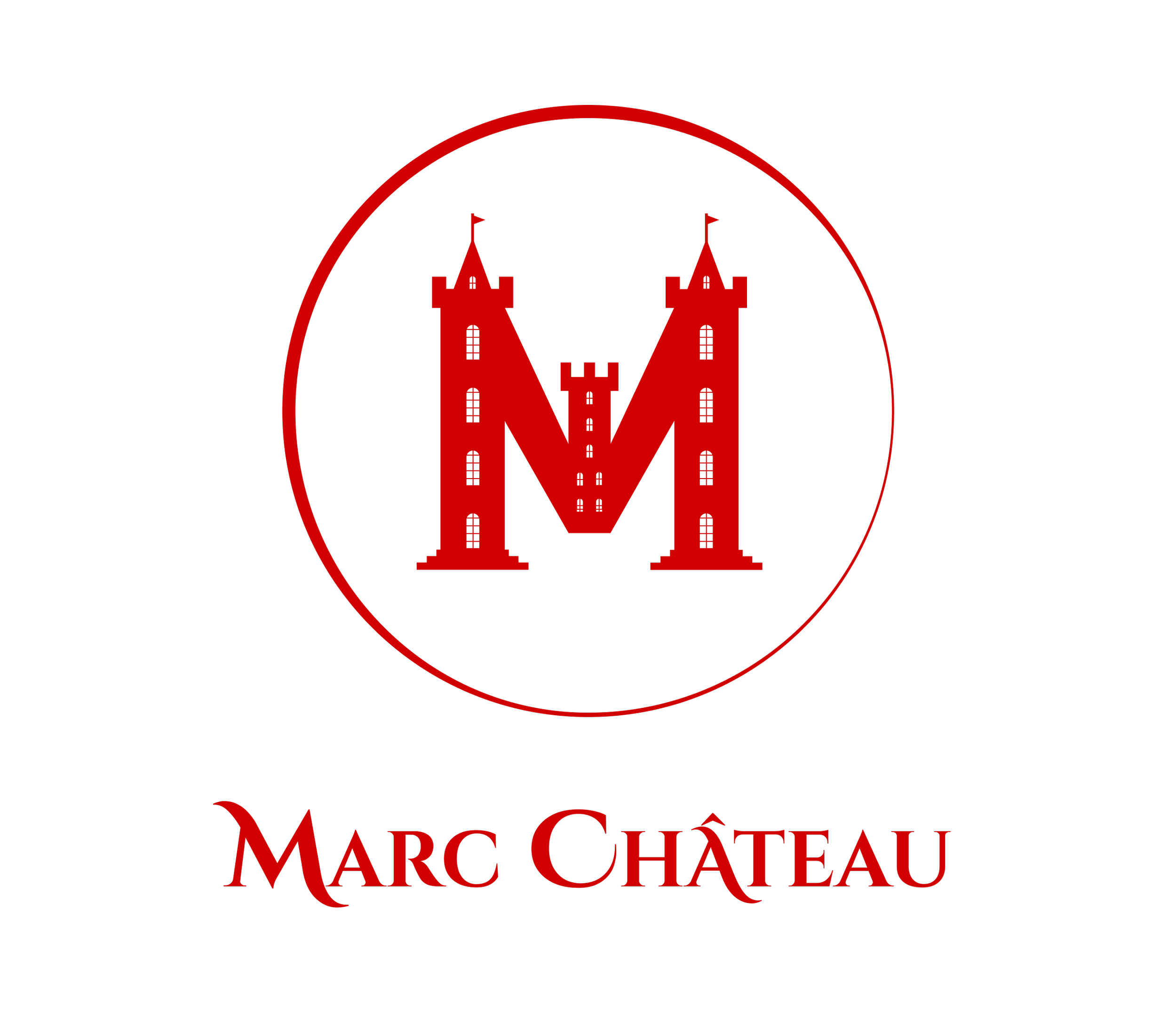 Logo noir et rouge avec un grand M stylisé ressemblant à un château, entouré d'un cercle rouge, avec le texte 'Marc Château' en dessous.