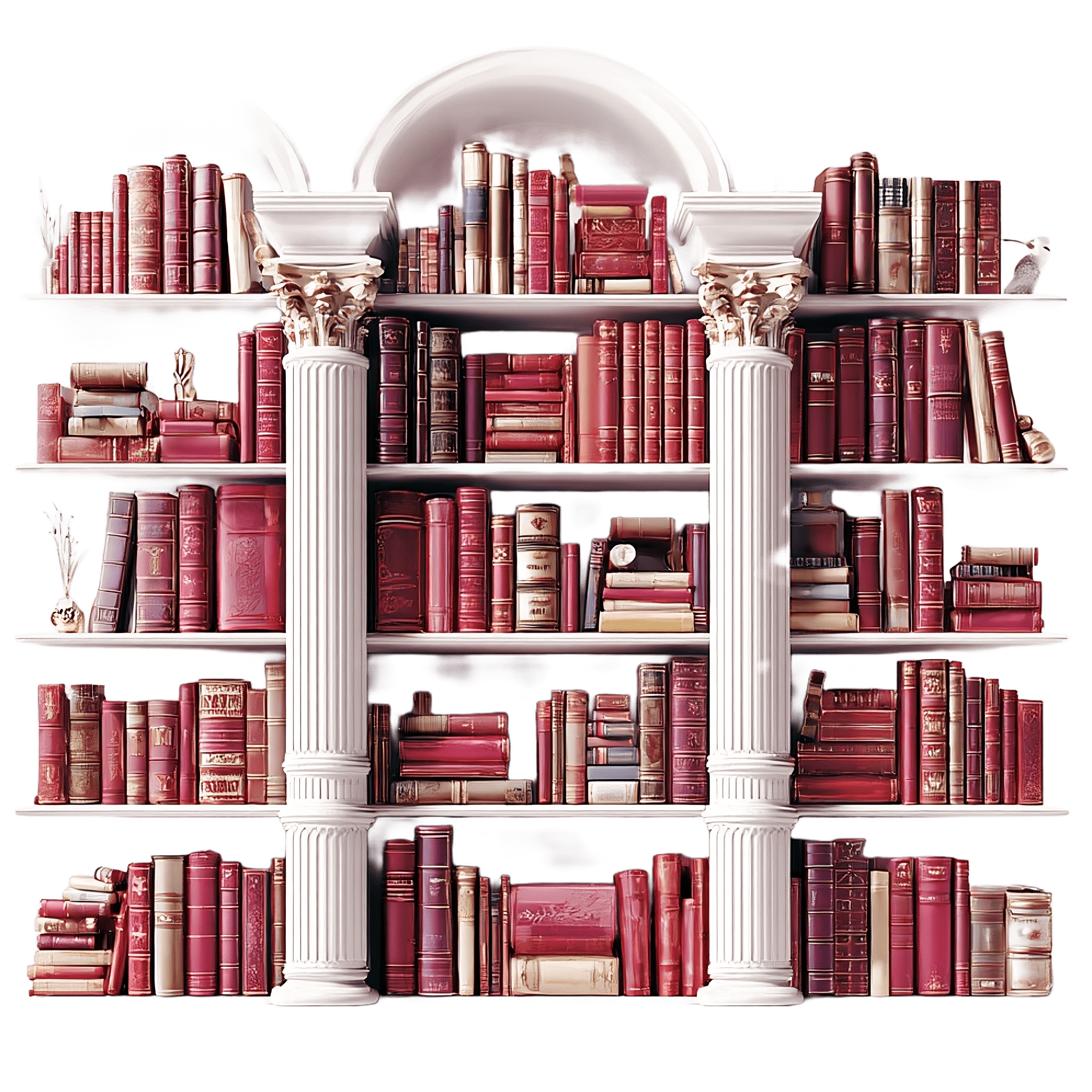 Une bibliothèque avec des étagères remplies de livres rouges, soutenue par quatre colonnes romaines, sur un fond noir.