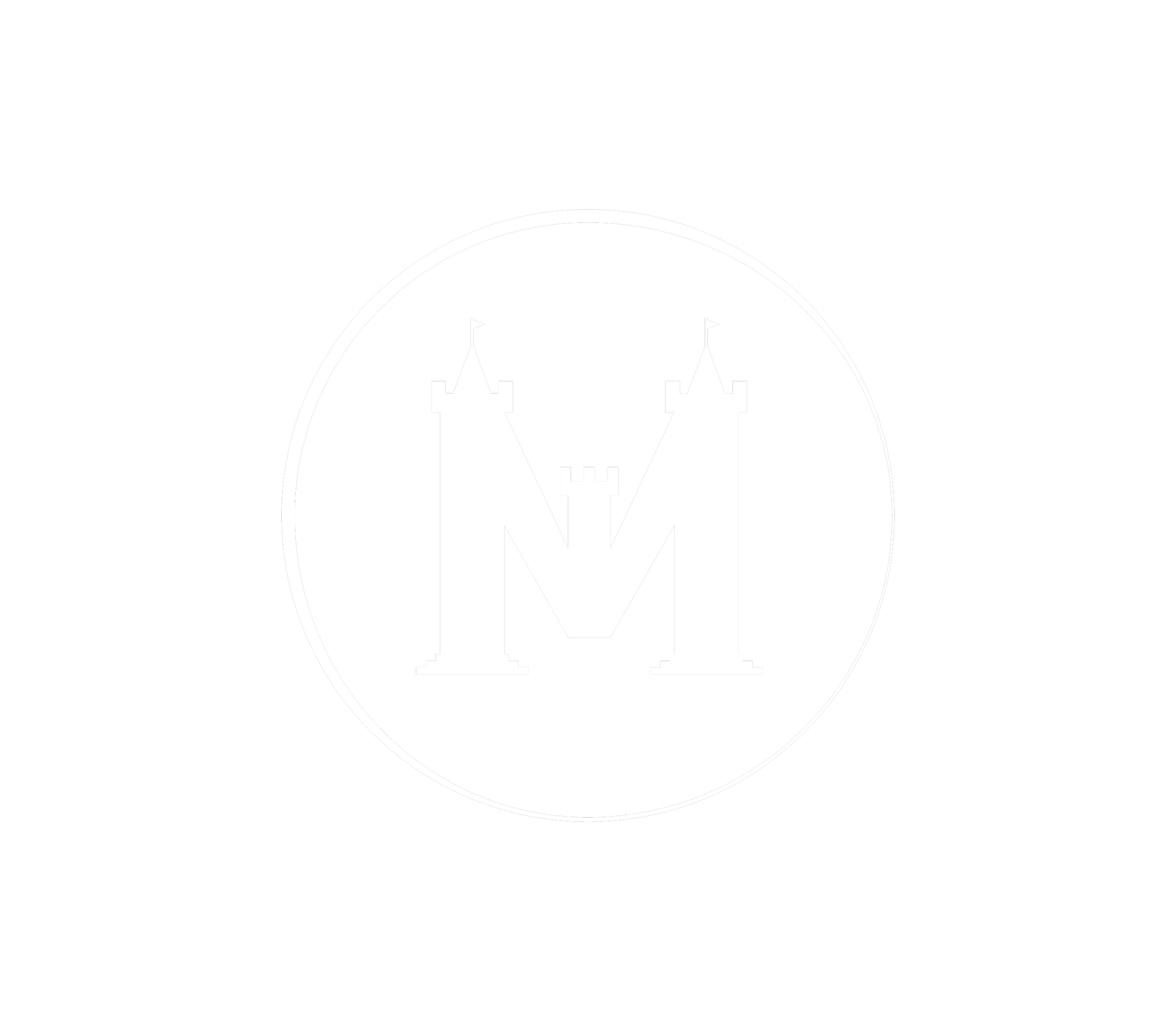 Logo noir et blanc d'un château de style médiéval avec une grande lettre M centrale, encadré par un cercle blanc.