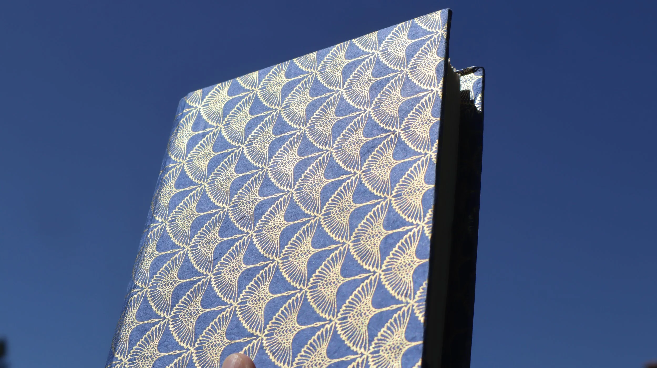 Une banderole ou un panneau avec un motif de feuilles stylisées jaune clair sur fond bleu, tenu par une personne contre un ciel clair.