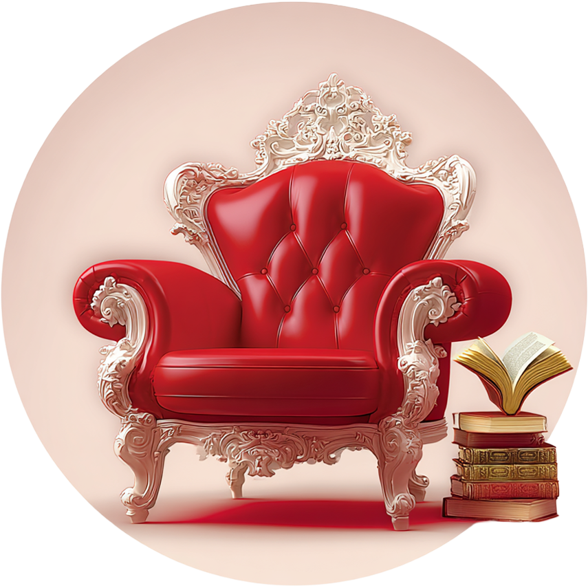 Un fauteuil regal en cuir rouge avec un cadre en orné blanc, placé à côté d'une pile de livres avec un livre ouvert dessus.