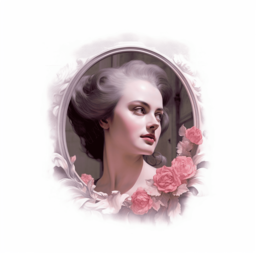 Femme jeune aux cheveux gros dans un portrait baroque rempli de rose et qui regarde vers la droite