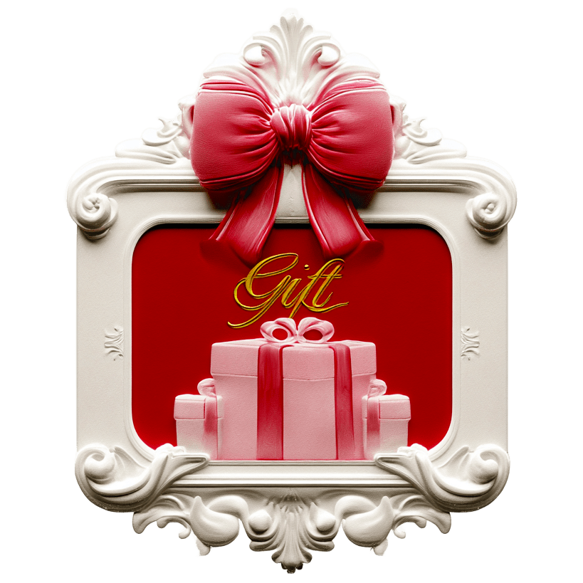 Cadre orné avec un gros nœud rouge en haut, contenant des cadeaux emballés en rose avec un ruban rouge, et le mot 'Gift' en écrit en or au centre.