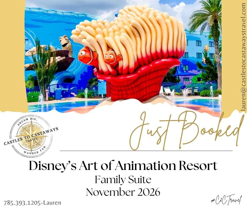 Just Booked!!

Lauren just helped her clients secure a magical stay at Disney&rsquo;s Art of Animation Resort in a Family Suite for November 2026.

Spacious, immersive, and perfectly designed for unforgettable family memories, this Disney favorite br