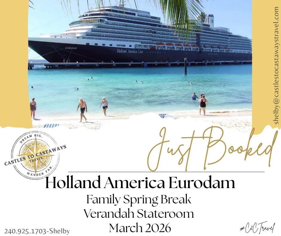 Just Booked!

Big spring plans are officially locked in.

Shelby just booked an incredible Holland America sailing aboard Eurodam for Spring Break March 2026, complete with a gorgeous Verandah Room for those ocean views they&rsquo;ll never forget.

P
