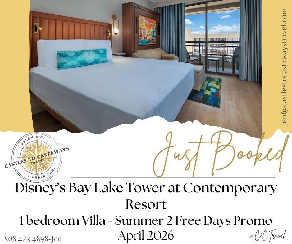 Just Booked!

This magical Walt Disney World stay was booked by Jen at Disney&rsquo;s Bay Lake Tower at Contemporary Resort for April 2026.

The clients will be enjoying a 1 Bedroom Villa and scored Disney&rsquo;s Summer 2 Free Days promo, adding eve