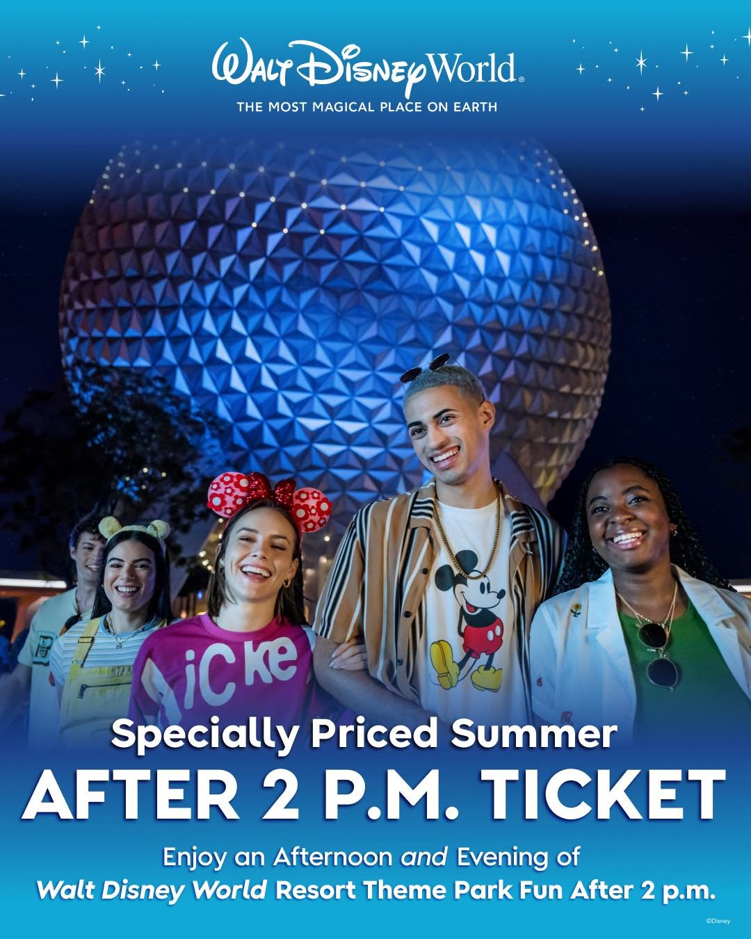 No April Fools here!

Enjoy magical afternoons and evenings in the Walt Disney World&reg;️ theme parks with a specially priced ticket that provides admission to one theme park each day, after 2 PM.

Choose from 2-day and 3-day tickets. Limit one them