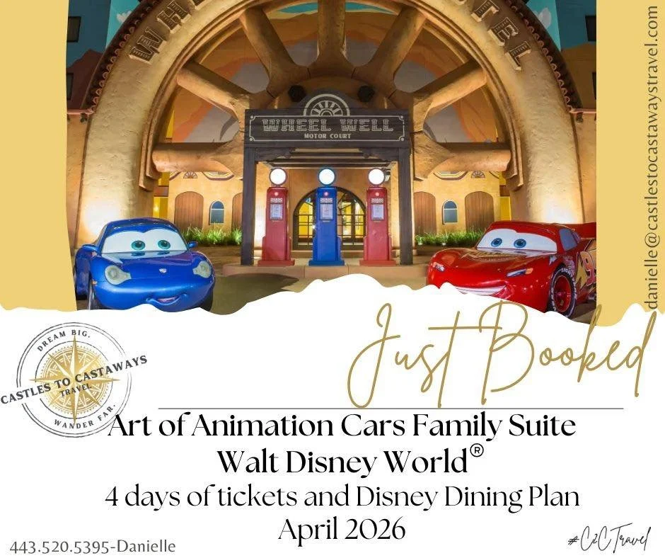 Just Booked by Danielle!

This one is going to be SO much fun from start to finish!

A stay in a Cars Family Suite at Disney&rsquo;s Art of Animation Resort at Walt Disney World&reg; with 4 days of park tickets AND the Disney Dining Plan&hellip;talk 