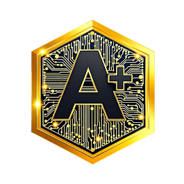 A graphic of a gold hexagon with circuitry patterns and a large black 'A+' in the center.
