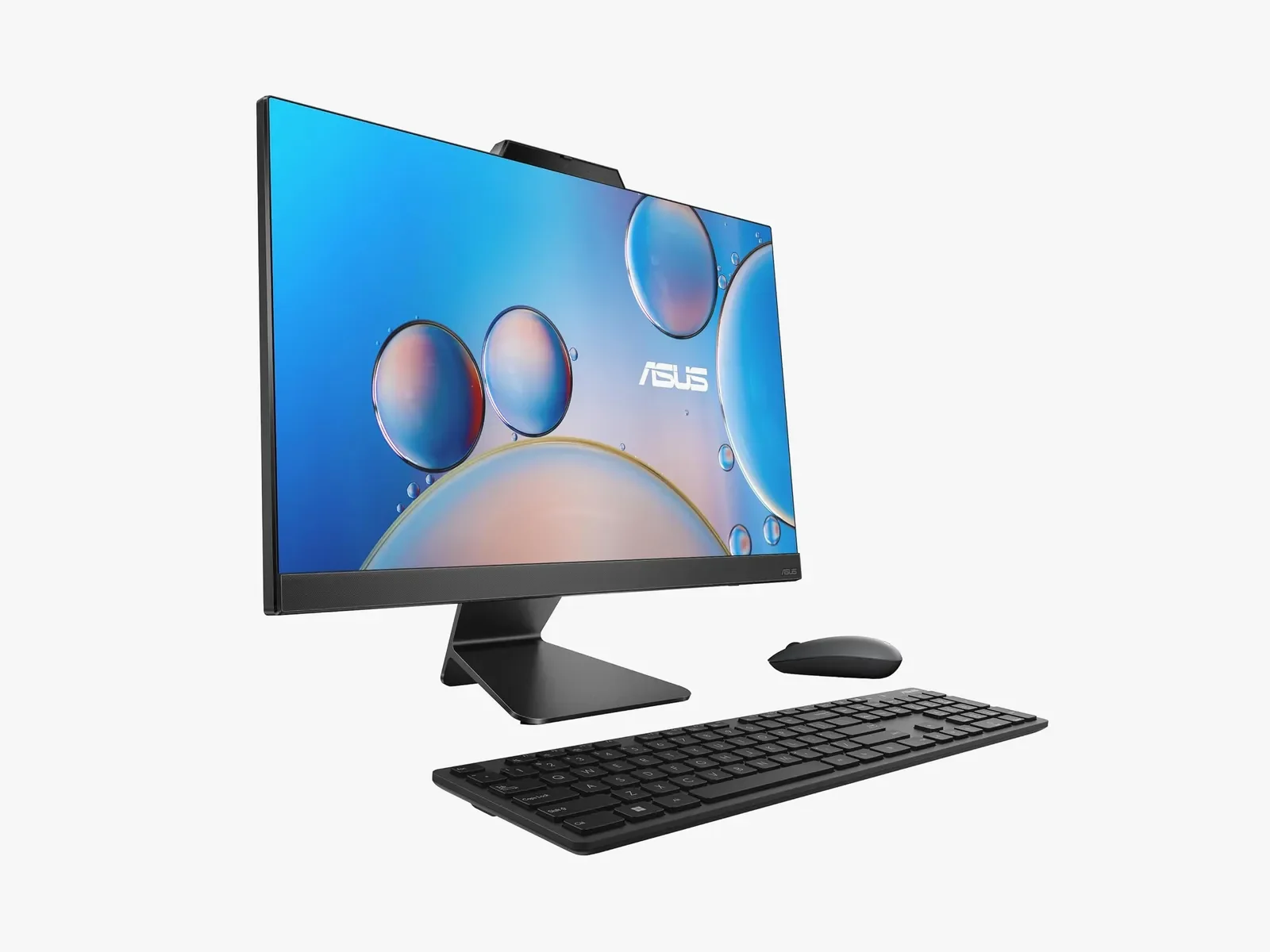 A computer monitor, wireless mouse, and wireless keyboard on a plain white background.