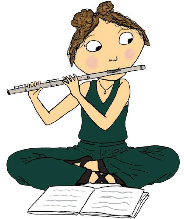 A young girl sitting cross-legged, playing a flute, with an open book in front of her.
