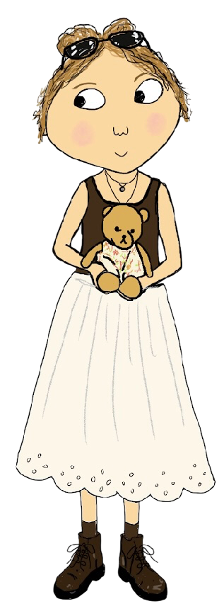 A young woman with sunglasses on her head holding a teddy bear, dressed in a black top with a white skirt and brown boots.