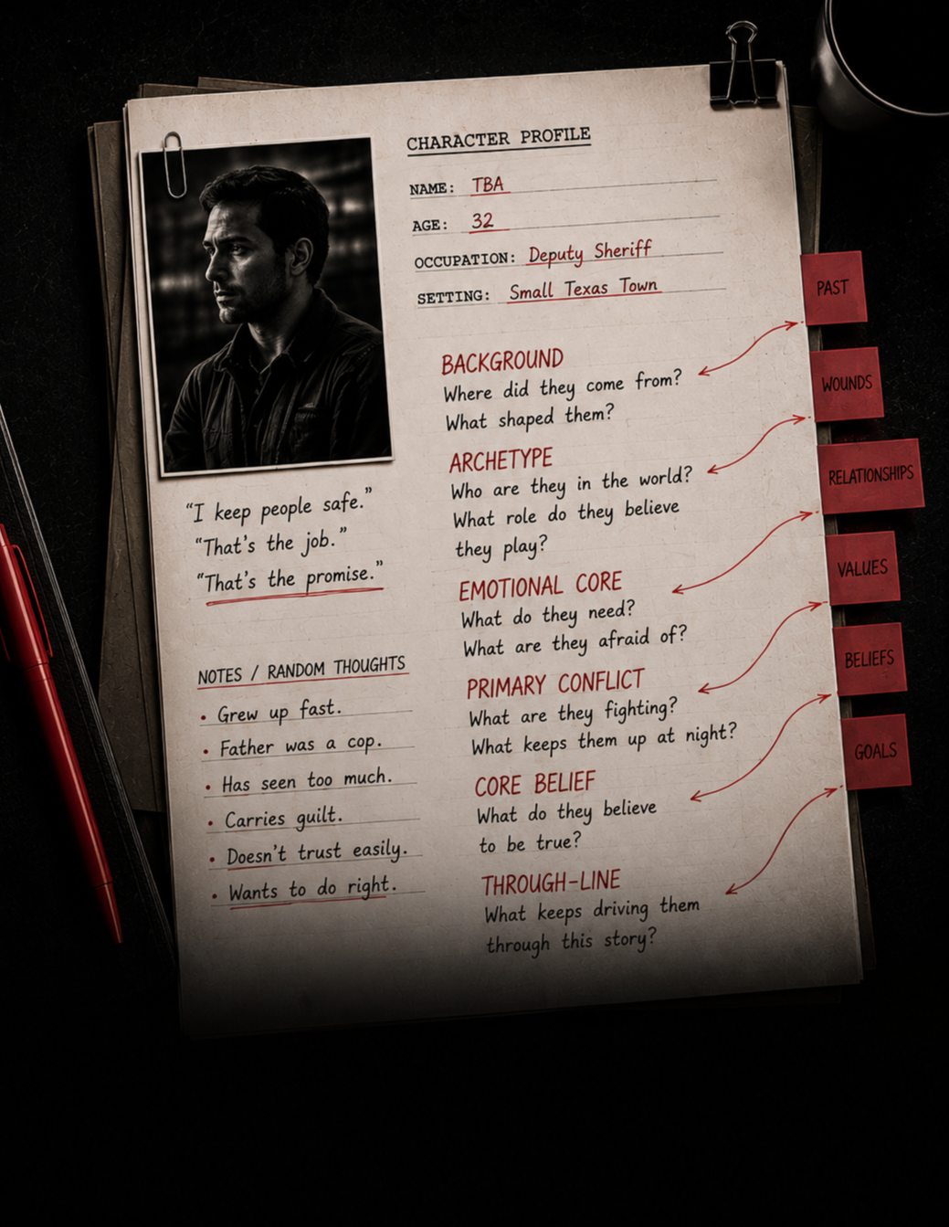 Character profile document for a deputy sheriff, including a black and white photograph of a man with dark hair, notes, and designated tabs for background, archetype, emotional core, primary conflict, core belief, and through-line.