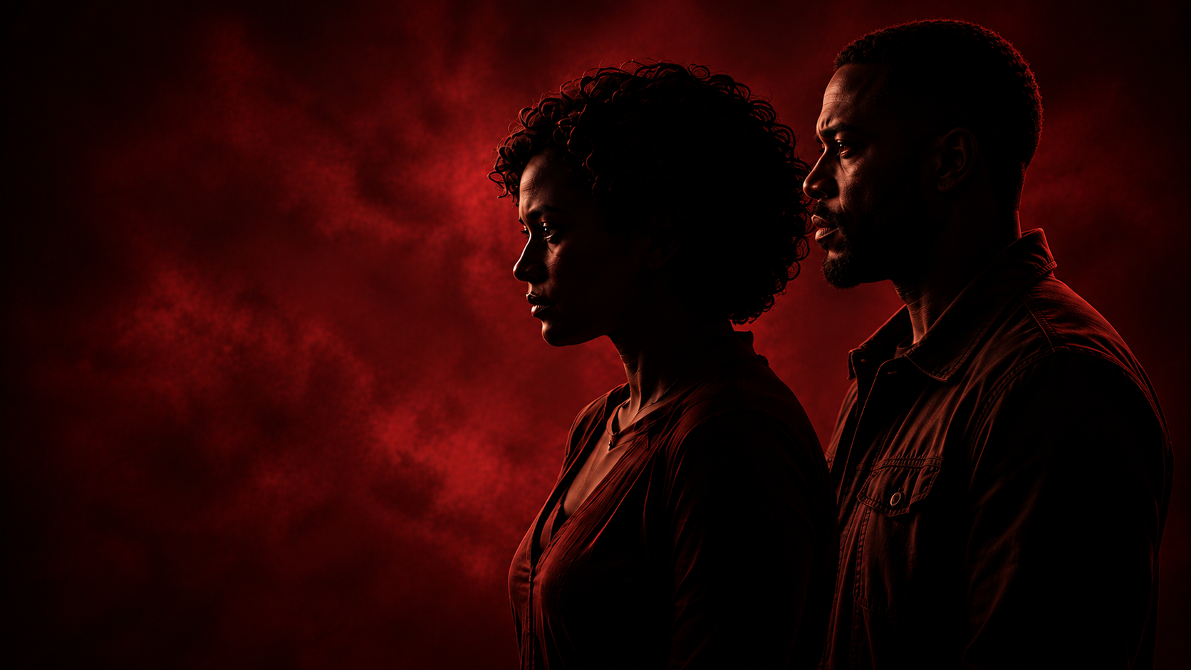 Side profile of a woman and a man, both in dark clothing, with a red smoky background, facing opposite directions.