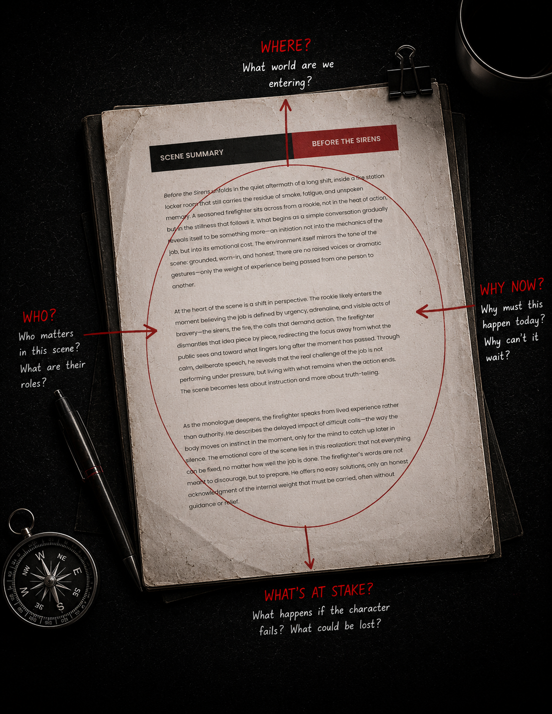 A scene with a clipboard holding a paper titled "Before the Sirens" on a dark surface. The paper shows a scene summary with red annotations and questions about the scene, including "WHERE?", "WHY NOW?", "WHO?", and "WHAT'S AT STAKE?". There is a pen to the left and a compass at the bottom left of the image.