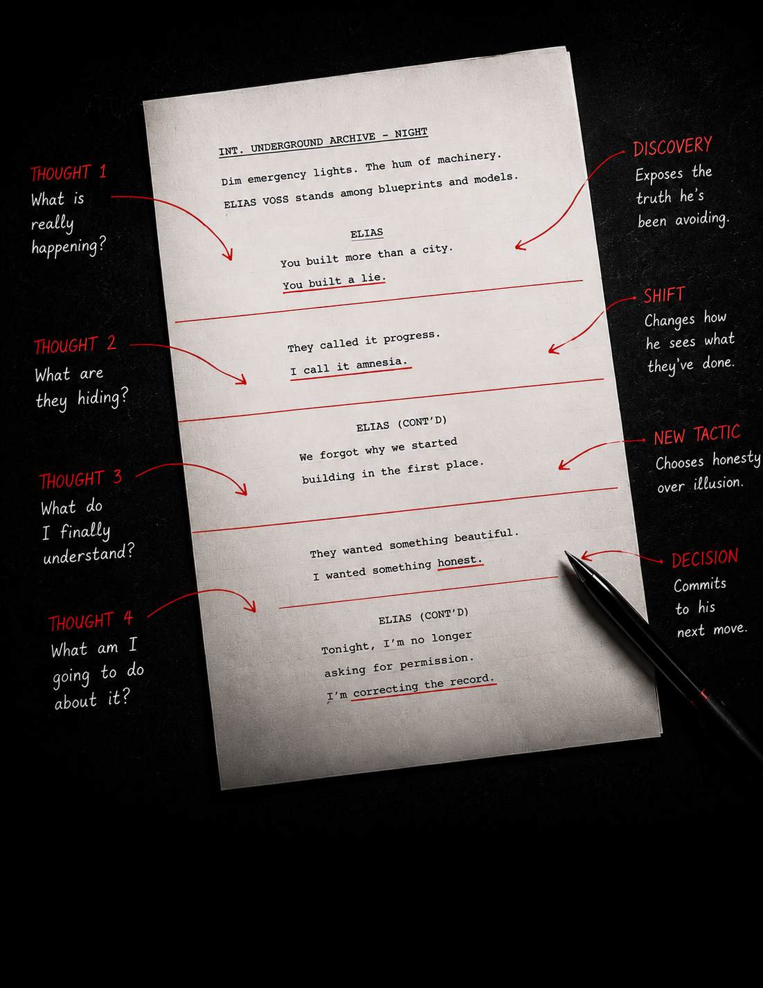 A typed script titled 'INT. UNDERGROUND ARCHIVE - NIGHT' on white paper, with various annotations in red ink indicating thoughts, secrets, and decisions about the content and meaning of the script, against a black background with a black pen.