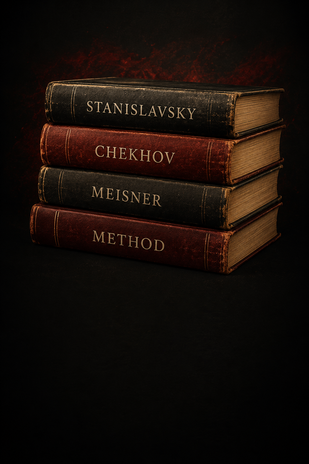 Stack of four vintage books with dark and red covers, titled 'Stanislavsky', 'Chekhov', 'Meisner', and 'Method' on a dark background.