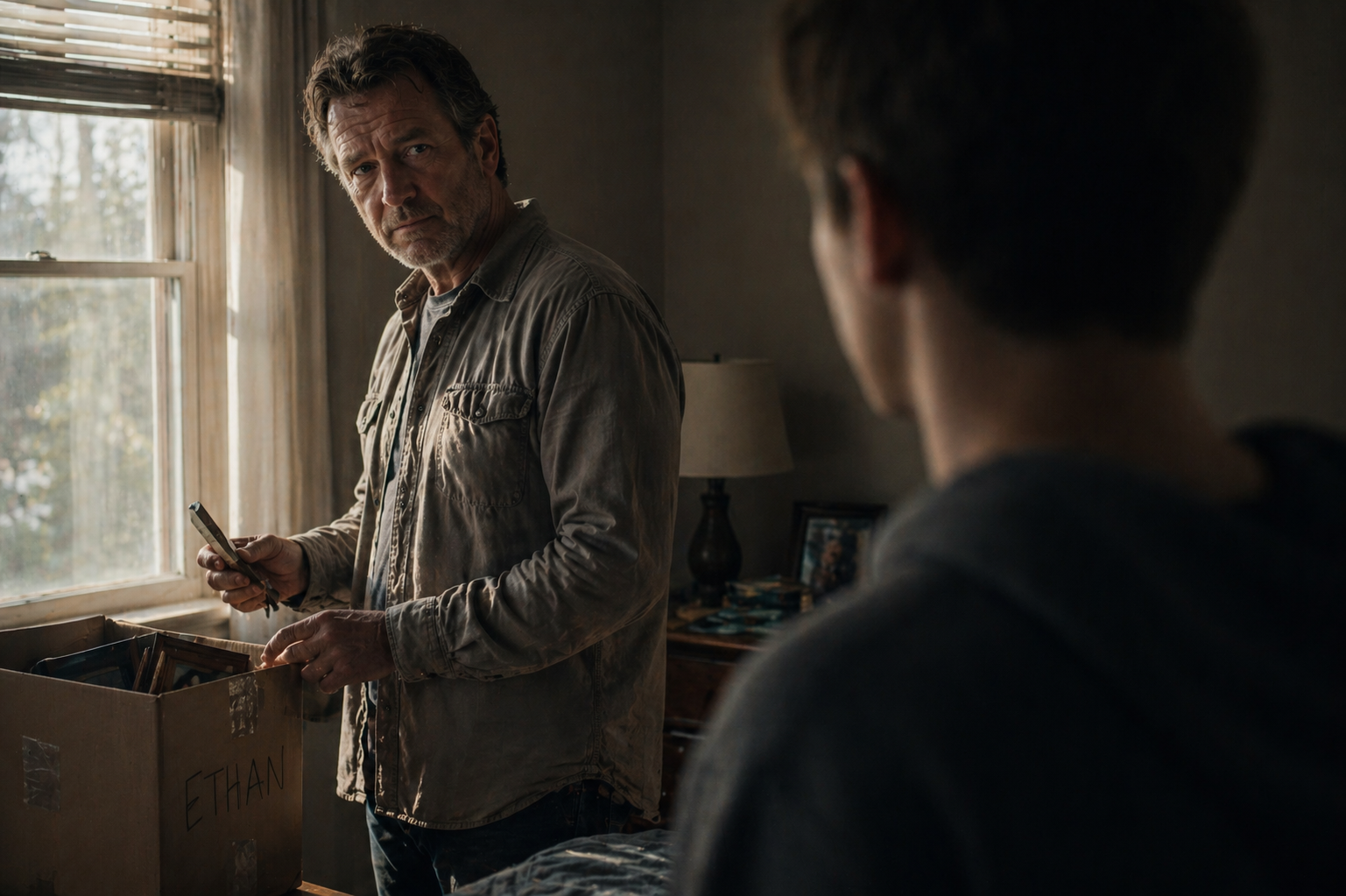 A man with gray hair and a beard standing by a window with blinds, holding a photo and looking at a young man who's facing away. The room has a lamp, framed pictures, and a box labeled 'ETHAN'.