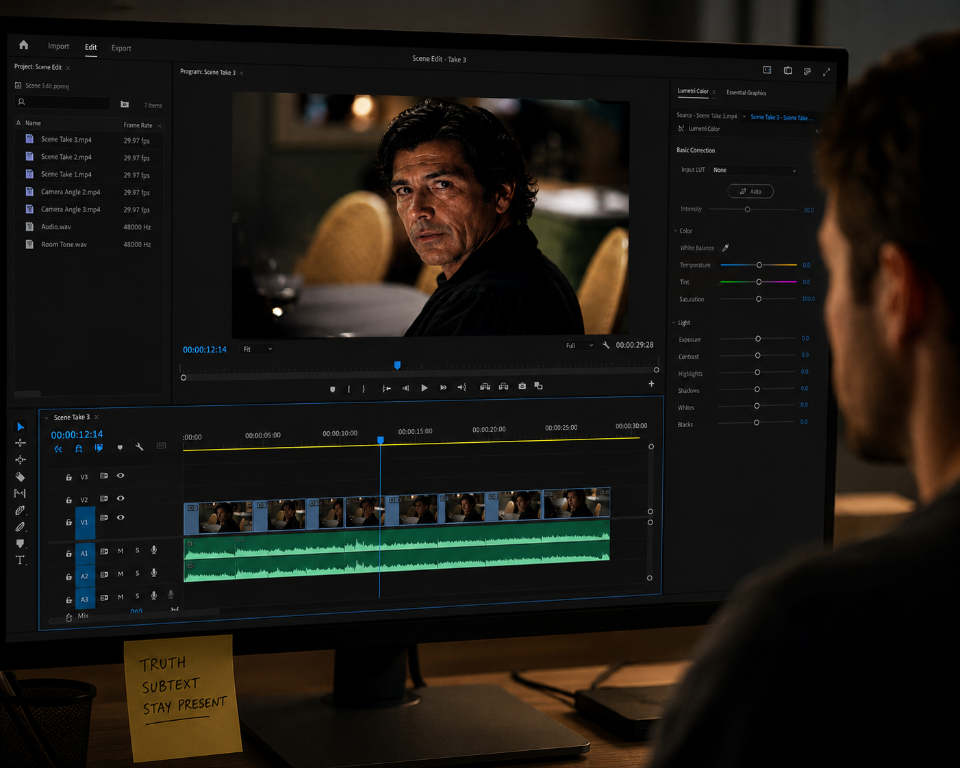Person editing a video on a computer screen, showing a scene with a man with dark hair, sitting indoors with blurred background, video editing timeline visible.