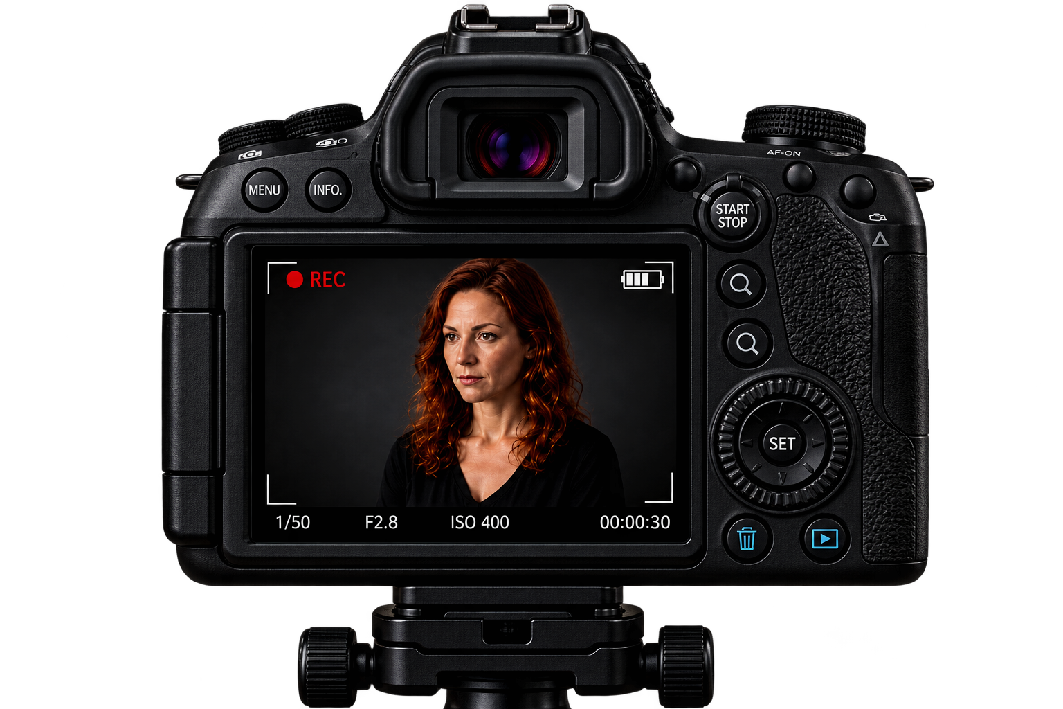 The back of a digital camera screen showing a woman with red curly hair in a black shirt against a dark background, with recording settings displayed.