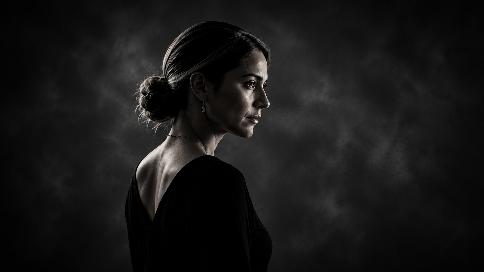 Side profile of a woman with dark hair in a bun, wearing earrings and a black dress, against a dark, smoky background.