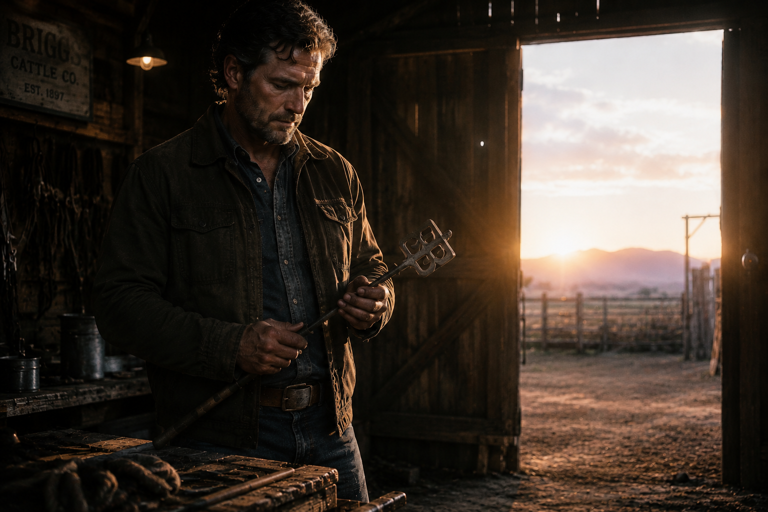 A man standing inside a rustic barn holding a pitchfork, with tools hanging on the wall behind him and an open door showing a sunset over mountains in the background.