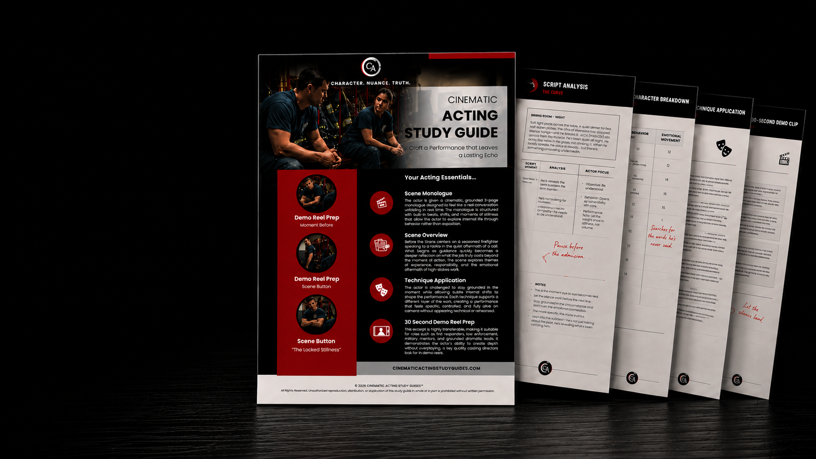 Cinematic acting study guide booklet with images of actors, flyer titled 'Character, Nuance, Truth,' and several peered pages containing script analysis and character breakdowns.