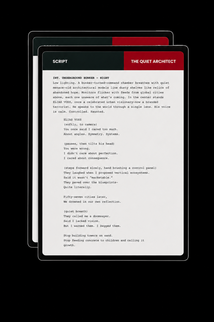 A digital screen displaying a screenplay titled 'The Quiet Architect' with the scene description 'INT. UNDERGROUND BUNKER - NIGHT' and dialogue between characters Eliases Voss and a narrator. The screen has a black background with red and white header sections.