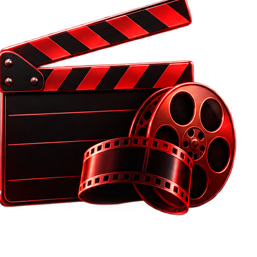 Red and black movie clapperboard with film reel and film strip.