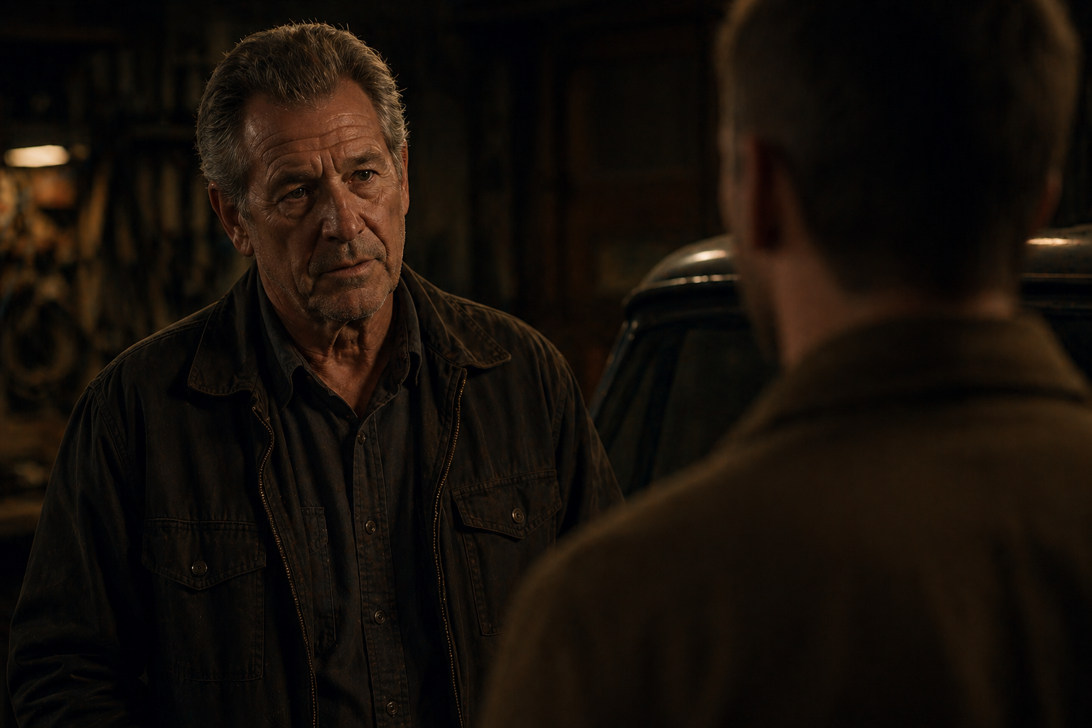 Two men having a serious conversation inside a dimly lit garage or storage area.