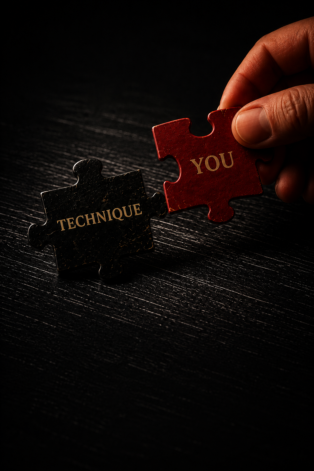 A person's hand holding a red puzzle piece labeled "YOU" over a black puzzle piece labeled "TECHNIQUE" on a dark surface.