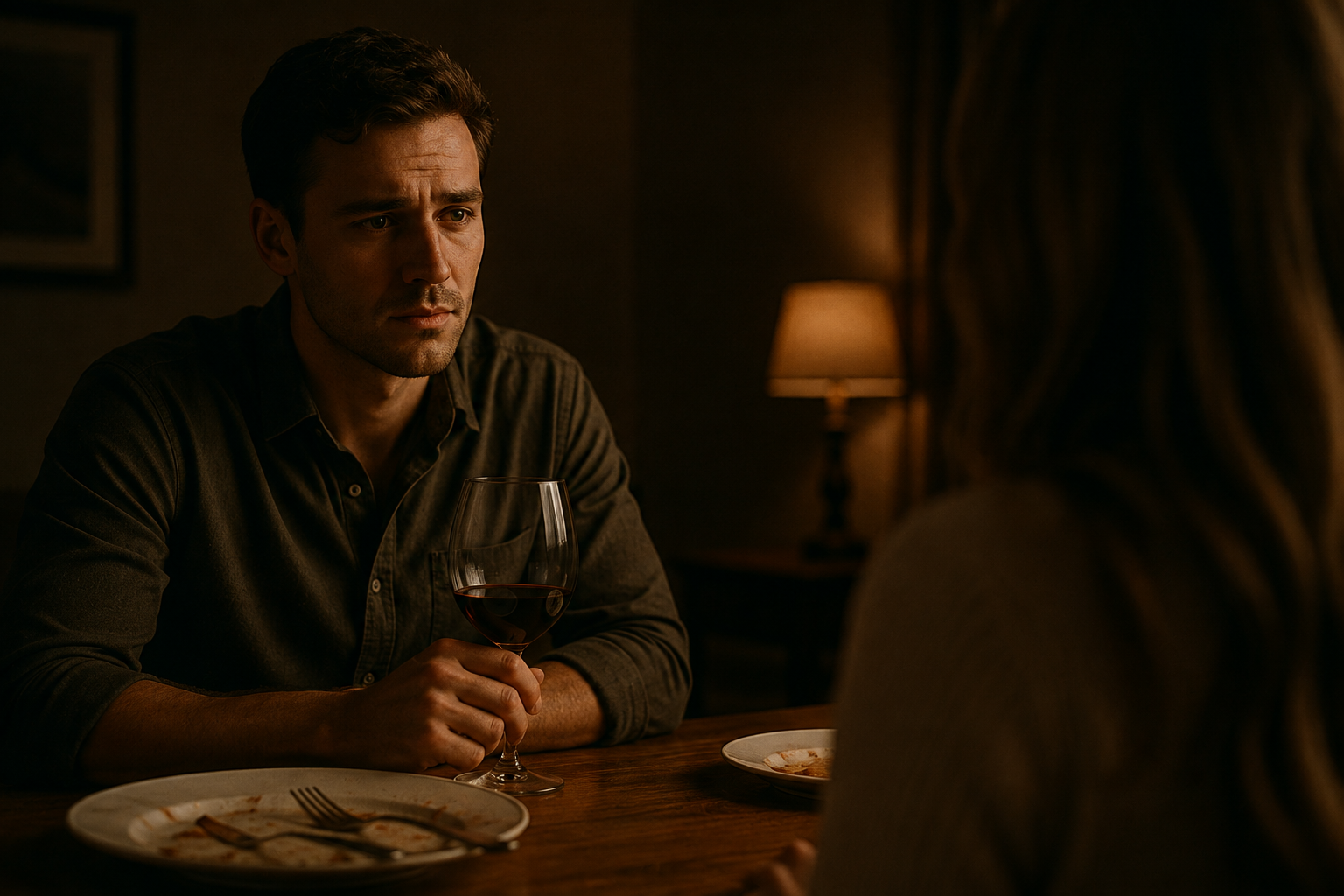A man sitting at a dinner table holding a glass of red wine, looking concerned, in a dimly lit room with a lamp in the background.
