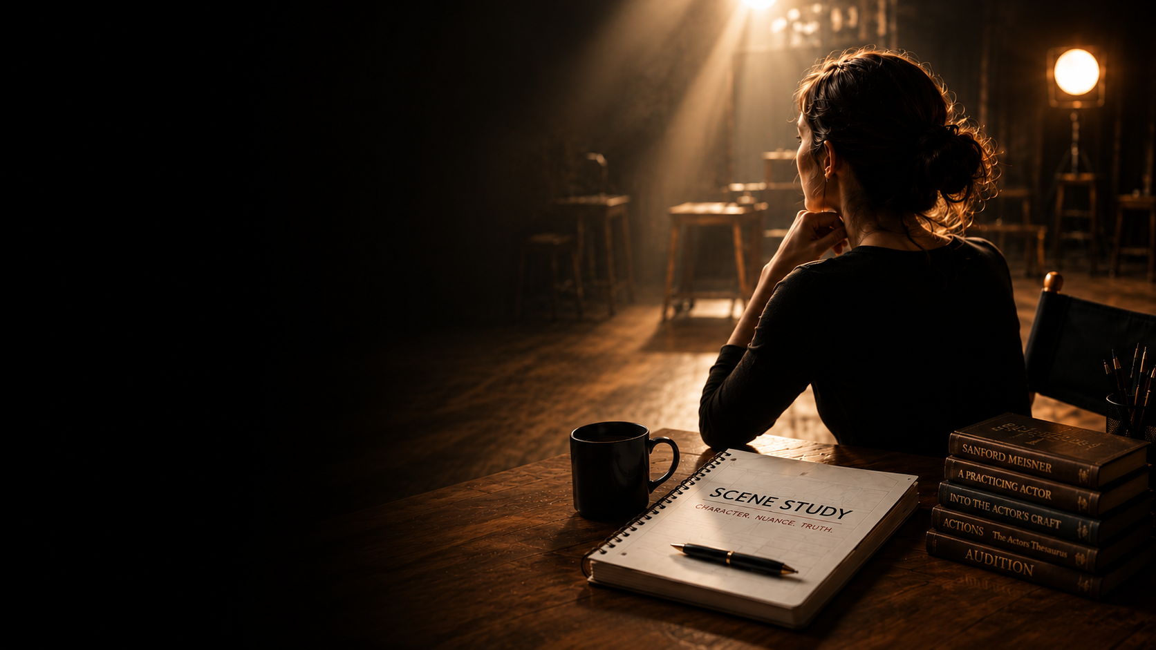 A woman sitting at a wooden table in a dimly lit room, looking away as sunlight streams through a window. On the table are a black mug, a script titled 'Scene Study,' a pen, and a stack of books related to acting and stage performance.