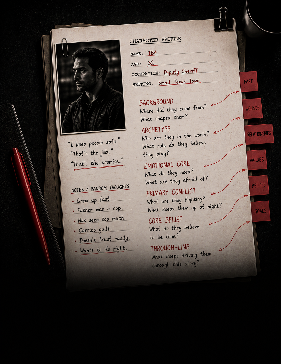Character profile sheet for a deputy sheriff, including a black and white photo, personal details, quotes, notes, and story development prompts with red tabs labeled past, wounds, relationships, values, beliefs, goals.