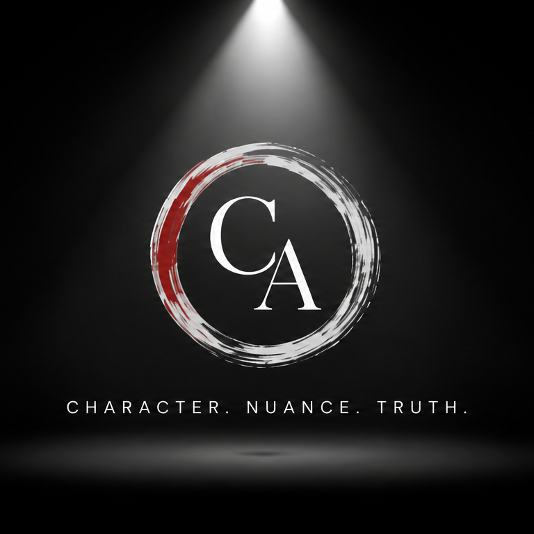 A logo with the letters 'CA' inside a painted circle, with the tagline 'Character. Nuance. Truth.' beneath it, illuminated by a spotlight against a black background.
