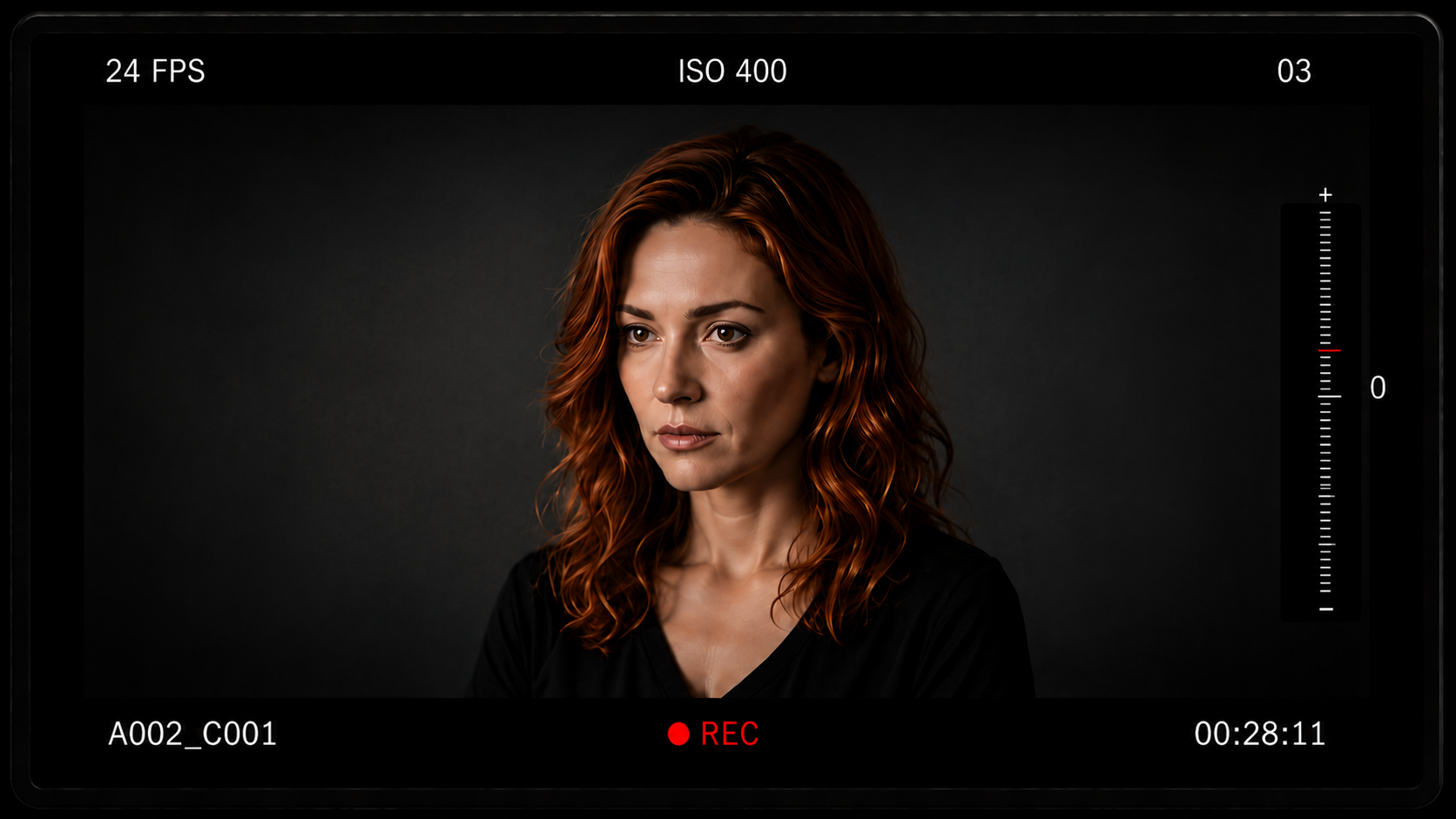 A woman with wavy, reddish-brown hair wearing a black top, looking to her left against a dark background, with camera interface overlay showing recording in progress.