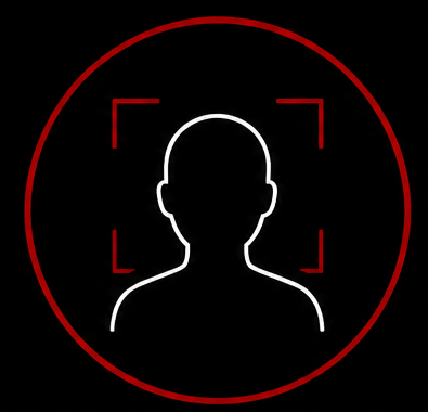 Silhouette of a person outlined in white within a red rectangular frame, surrounded by a red circular border on a black background.