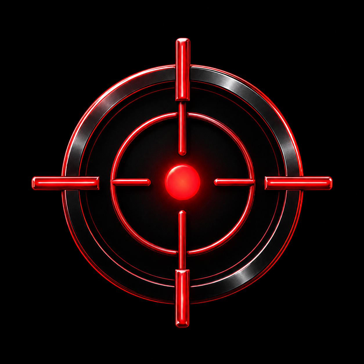 Red glowing target symbol with concentric circles and crosshairs on a black background.